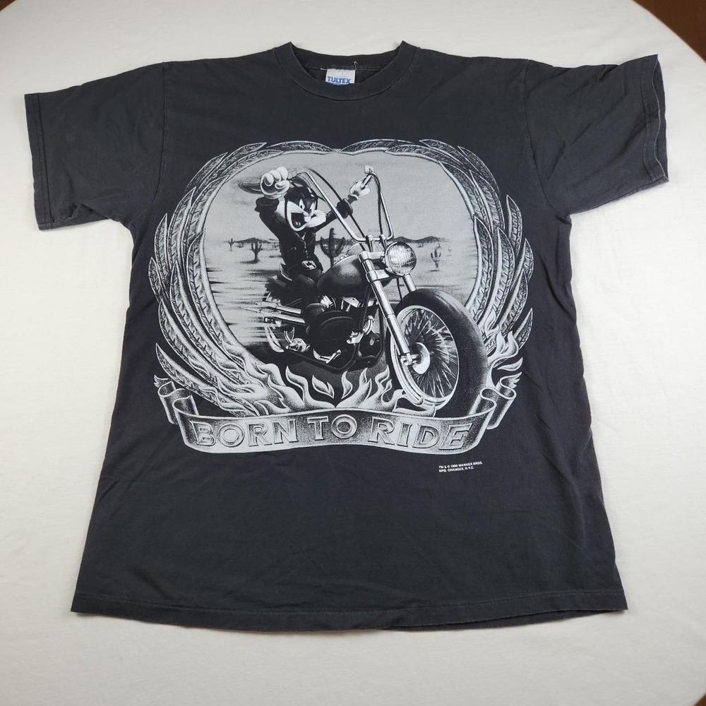 Vintage 1996 Looney Tunes Bugs Bunny Born To Ride Biker T-Shirt Black Tultex L
